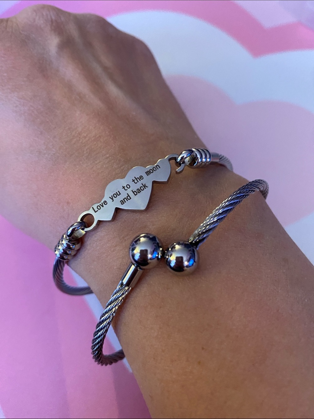 Silver Heart Wire Bracelet Set- “Love you to the moon and back"